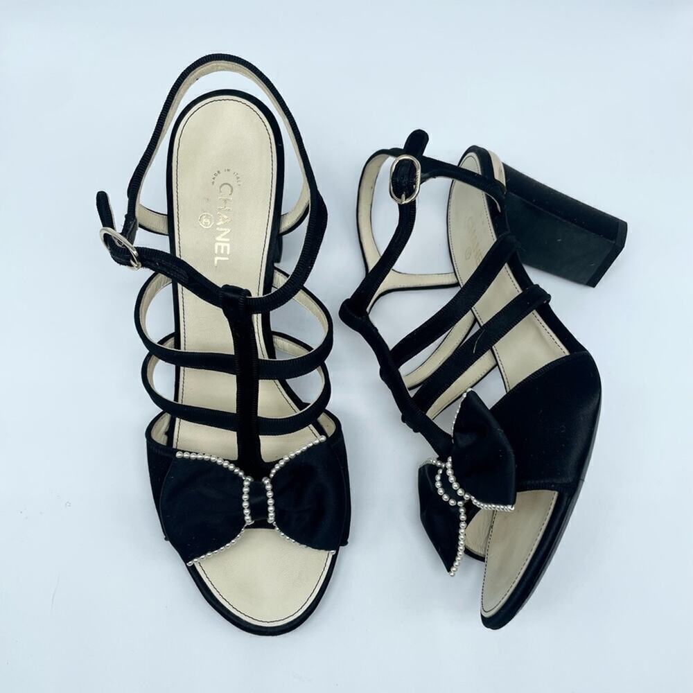 CHANEL Black leather/ Satin caged pearl embellished bow block heel sandals EU40
